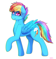 Size: 1592x1668 | Tagged: safe, artist:aaa-its-spook, rainbow dash, pegasus, pony, g4, alternate hairstyle, backwards cutie mark, eye clipping through hair, female, mare, raised hoof, short mane, simple background, smiling, solo, white background