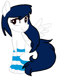Size: 728x986 | Tagged: safe, artist:sassysvczka, oc, oc only, oc:sassysvczka, pegasus, pony, clothes, cute, female, gimp, long hair, mare, missing cutie mark, pegasus oc, simple background, sitting, smiling, smirk, socks, solo, spread wings, stockings, striped socks, thigh highs, wings