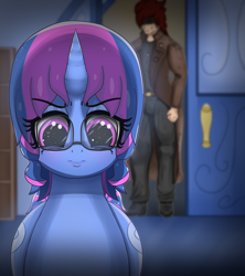 Size: 1500x1693 | Tagged: safe, artist:undisputed, oc, oc:crimson sky, oc:moonlight wish, human, pony, unicorn, fanfic:golden reign, clothes, door, doorway, duo, fanfic, fanfic art, female, glasses, male, mare