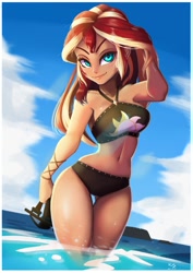 Size: 706x1000 | Tagged: safe, artist:the-park, sunset shimmer, human, equestria girls, equestria girls specials, g4, my little pony equestria girls: better together, my little pony equestria girls: forgotten friendship, beautiful, belly button, bikini, black swimsuit, breasts, busty sunset shimmer, clothes, cloud, curvy, cutie mark swimsuit, female, hips, hourglass figure, midriff, ocean, sexy, sky, snorkel, solo, stupid sexy sunset shimmer, summer sunset, swimsuit, wide hips