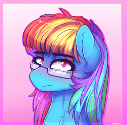 Size: 748x732 | Tagged: safe, artist:aaa-its-spook, rainbow dash, pony, g4, alternate hairstyle, bust, cheek fluff, chest fluff, ear fluff, egghead, egghead dash, glasses, portrait, solo