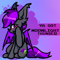 Size: 200x200 | Tagged: artist needed, safe, oc, oc only, oc:moonlight thunder, bat pony, pony, banned from equestria daily, blushing, commission, implied sex, looking at you, shy, sitting, smiling, solo, splash art, text, ya got, ych result