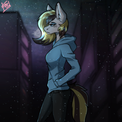 Size: 2000x2000 | Tagged: safe, artist:defiantfox, oc, pony, anthro, anthro oc, city, commission, high res, simple background, snow, snowfall