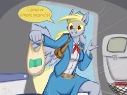 Size: 2048x1536 | Tagged: safe, artist:frist44, derpy hooves, anthro, g4, aircraft, commission, female, flight attendant, grocery bag, oops my bad, parachute, solo, stewardess, this will not end well
