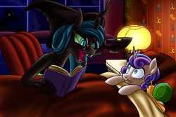 Size: 1800x1200 | Tagged: safe, artist:thescornfulreptilian, princess flurry heart, queen chrysalis, whammy, alicorn, cat, changeling, changeling queen, pony, snail, g4, alternate hairstyle, auntie chrissy, bed, bedroom, blanket, book, chair, fangs, female, glassalys, glasses, halloween, hat, holiday, jack-o-lantern, lamp, mare, nightmare night, older, older flurry heart, open mouth, pillow, pumpkin, raised hoof, reading, scared, silhouette, this will end in nightmares, this will end in tears, tongue out, witch hat