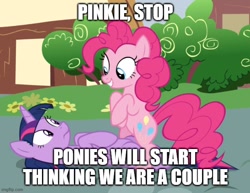 Size: 648x500 | Tagged: safe, edit, edited screencap, editor:twi clown, screencap, pinkie pie, twilight sparkle, alicorn, earth pony, pony, fame and misfortune, g4, bipedal, caption, cropped, duo, female, image macro, imgflip, implied lesbian, implied shipping, implied twinkie, looking at each other, lying down, mare, shipping denied, smiling, text, twilight sparkle (alicorn)