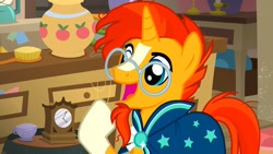 Size: 1280x720 | Tagged: safe, screencap, sunburst, pony, unicorn, g4, uncommon bond, beard, clothes, facial hair, glasses, male, open mouth, solo, stallion