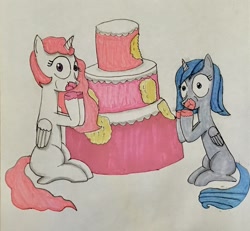 Size: 1492x1376 | Tagged: safe, artist:martialarts2003, princess celestia, princess luna, alicorn, pony, g4, blank flank, cake, caught, cewestia, eating, female, filly, folded wings, food, frosting, full mouth, horn, looking at you, marker drawing, markers, pink-mane celestia, sitting, traditional art, wings, woona, younger