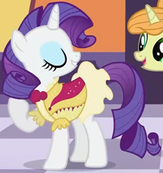 Size: 1202x1271 | Tagged: safe, screencap, primrose, rarity, pony, unicorn, g4, sweet and elite, clothes, cropped, dress, eyes closed, female, frilly dress, mare, solo focus