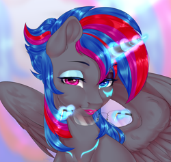 Size: 1580x1499 | Tagged: safe, artist:bylullabysoft, oc, oc only, alicorn, pony, alicorn oc, bedroom eyes, digital art, female, glowing horn, heterochromia, horn, lipstick, magic, makeup, mare, simple background, solo, wings