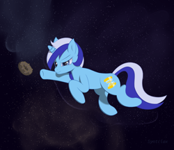 Size: 3425x2953 | Tagged: safe, artist:syntriax, minuette, pony, unicorn, g4, donut, female, food, high res, mare, reaching, solo, space, stars