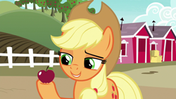 Size: 1920x1080 | Tagged: safe, screencap, applejack, earth pony, pony, g4, the last problem, apple, apple tree, food, solo, tree