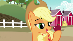 Size: 1920x1080 | Tagged: safe, screencap, applejack, earth pony, pony, g4, the last problem, apple, apple tree, food, solo, tree