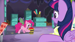 Size: 1920x1080 | Tagged: safe, screencap, pinkie pie, twilight sparkle, alicorn, earth pony, pony, g4, the last problem, party cave, tongue out, twilight sparkle (alicorn)