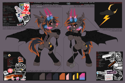 Size: 6000x4000 | Tagged: safe, artist:midnightflight, oc, oc only, oc:altered karbon, bat pony, pony, amputee, angry, artificial wings, augmented, belly button, bipedal, bipedal leaning, clothes, cutie mark, cyberpunk, dock, dock piercing, fangs, female, forked tongue, golf club, hologram, hoofless socks, horns, industrial piercing, leaning, lichtenberg figure, lichtenberg scar, looking at you, looking back, mare, piercing, ponytail, prosthetic leg, prosthetic limb, prosthetic wing, prosthetics, rear view, red eyes, reference sheet, scar, simple background, slit pupils, socks, solo, spread wings, tongue out, torn ear, underhoof, wings