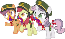 Size: 1231x743 | Tagged: safe, artist:sollace, derpibooru exclusive, apple bloom, scootaloo, sweetie belle, 28 pranks later, g4, .svg available, badge, clothes, cookie zombie, cutie mark crusaders, derp, filly guides, open mouth, rainbow muzzle, raised leg, scout uniform, scoutaloo, show accurate, simple background, svg, transparent background, trio, vector
