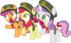 Size: 6627x4000 | Tagged: safe, alternate version, artist:sollace, derpibooru exclusive, apple bloom, scootaloo, sweetie belle, 28 pranks later, g4, .svg available, badge, betrayal, clothes, cookie zombie, cutie mark crusaders, derp, filly guides, hypocrisy, lies, open mouth, rainbow muzzle, raised leg, scout uniform, scoutaloo, show accurate, simple background, transparent background, trio, vector