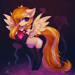 Size: 2032x2048 | Tagged: safe, artist:shenki, oc, oc only, pegasus, pony, backbend, butt fluff, chest fluff, clothes, commission, eye clipping through hair, female, heart, high res, looking at you, mare, pale belly, smiling at you, socks, solo, spread wings, wings, ych result