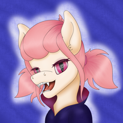 Size: 1080x1080 | Tagged: safe, artist:ismim_art, oc, oc only, oc:hopple scotch, earth pony, pony, vampire, vampony, blue background, bust, clothes, fangs, female, heart eyes, inktober, looking at you, mare, open mouth, pigtails, portrait, race swap, simple background, slit pupils, solo, wingding eyes