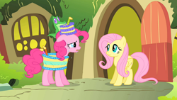 Size: 1920x1080 | Tagged: safe, screencap, fluttershy, pinkie pie, alligator, earth pony, pegasus, pony, g4, party of one, cake, female, food