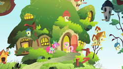 Size: 1920x1080 | Tagged: safe, screencap, fluttershy, gummy, pinkie pie, alligator, earth pony, pegasus, pony, g4, party of one, cake, female, fluttershy's cottage, food, mare