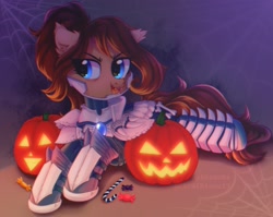 Size: 3380x2692 | Tagged: safe, artist:astralblues, oc, earth pony, pony, armor, armored pony, blue eyes, candy, candy cane, ear fluff, earth pony oc, eyebrows down, fangs, food, gem, halloween, high res, holiday, lying down, metal, pumpkin, rawr, spider web, teeth