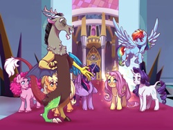 Size: 4000x3000 | Tagged: safe, artist:yami-sempai, applejack, discord, fluttershy, pinkie pie, rainbow dash, rarity, twilight sparkle, alicorn, draconequus, earth pony, pegasus, pony, unicorn, g4, the beginning of the end, mane six, scene interpretation, twilight sparkle (alicorn)