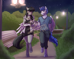 Size: 2500x2000 | Tagged: safe, artist:yami-sempai, octavia melody, oc, pegasus, anthro, unguligrade anthro, g4, bench, canon x oc, clothes, dress, high res, jacket, lamppost, male, night, pants, park, shirt