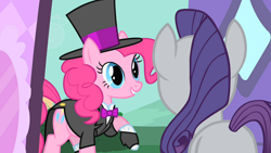Size: 1920x1080 | Tagged: safe, screencap, pinkie pie, rarity, earth pony, pony, unicorn, g4, party of one, butt, female, hat, mare, plot, top hat