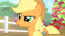 Size: 1920x1080 | Tagged: safe, screencap, applejack, earth pony, pony, g4, party of one, apple, cart, female, fence, food, mare, solo