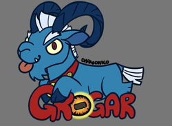 Size: 570x418 | Tagged: safe, grogar, sheep, g4, badge, crystal ball, gray background, grogar's orb, looking at you, male, ram, simple background, solo, tongue out