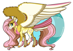 Size: 1644x1151 | Tagged: safe, artist:inuhoshi-to-darkpen, fluttershy, pegasus, pony, g4, alternate design, cloven hooves, colored wings, ear fluff, ethereal mane, redesign, simple background, solo, starry mane, tail feathers, transparent background, unshorn fetlocks, wings