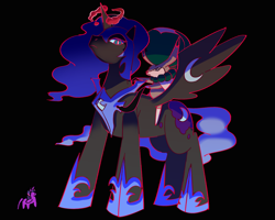 Size: 1280x1024 | Tagged: safe, artist:tzc, nightmare moon, twilight sparkle, g4, armor, black background, calyrex, dynamax, gigantamax, macro/micro, pokemon sword and shield, pokémon, simple background, size difference, spectrier