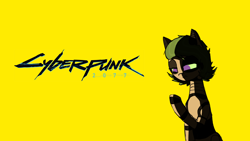 Size: 1920x1080 | Tagged: safe, artist:sunberry, oc, oc:sunberry, earth pony, pony, robot, robot pony, cyberpunk, cyberpunk 2077, frown, glowing eyes, i never asked for this, logo, simple background, title, yellow background