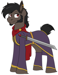 Size: 1620x2086 | Tagged: safe, artist:rokosmith26, oc, oc only, earth pony, pony, button, clothes, ear piercing, earring, facial hair, hoof fluff, jewelry, male, piercing, ponytail, robe, scarf, simple background, smiling, solo, stallion, standing, sword, transparent background, weapon