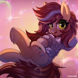 Size: 4096x4096 | Tagged: safe, artist:ask-colorsound, oc, oc only, oc:bead trail, earth pony, pony, abstract background, absurd resolution, bubble, clothes, commission, female, hoodie, looking at you, mare, scarf, smiling at you, solo, sweater, underhoof