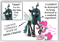 Size: 1850x1341 | Tagged: safe, artist:chopsticks, pinkie pie, queen chrysalis, changeling, earth pony, pony, g4, cheek fluff, cheese, cheeselegs, chest fluff, comic, cute, dialogue, diapinkes, fangs, female, floating eyebrows, food, nom, open mouth, pinkie logic, sandwich, simple background, sitting, swiss cheese, text, unshorn fetlocks, yelling