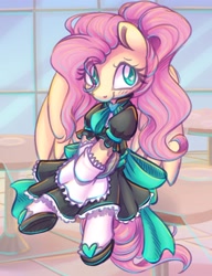 Size: 1908x2480 | Tagged: safe, artist:wavecipher, fluttershy, pegasus, pony, g4, clothes, colored pupils, cute, dress, eye clipping through hair, female, fluttermaid, heart eyes, looking at you, maid, mare, shyabetes, sitting, smiling, smiling at you, solo, spread wings, wingding eyes, wings