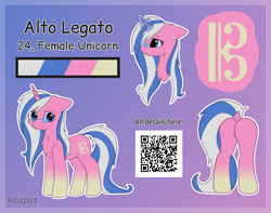 Size: 2600x2048 | Tagged: safe, artist:keupoz, oc, oc only, oc:alto legato, pony, unicorn, abstract background, butt, commission, cute, female, glasses, high res, mare, plot, qr code, reference sheet, solo, text
