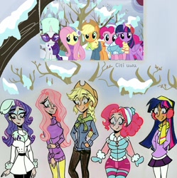 Size: 2132x2139 | Tagged: safe, artist:citi, screencap, applejack, fluttershy, pinkie pie, rarity, twilight sparkle, alicorn, human, g4, tanks for the memories, clothes, earmuffs, height difference, high res, humanized, scarf, scene interpretation, screencap reference, snow, tree, twilight sparkle (alicorn), winter, winter outfit