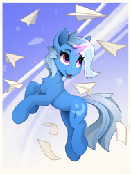 Size: 1510x1995 | Tagged: safe, artist:yakovlev-vad, trixie, pony, unicorn, g4, abstract background, chest fluff, cute, diatrixes, eye clipping through hair, eyebrows, eyebrows visible through hair, female, glowing, glowing horn, horn, magic, magic aura, mare, missing accessory, open mouth, open smile, paper, paper airplane, smiling, solo, telekinesis