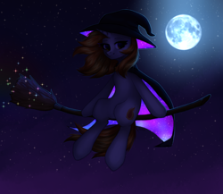 Size: 3000x2600 | Tagged: safe, artist:avrameow, oc, oc only, oc:aurora shinespark, pony, unicorn, broom, cape, clothes, commission, female, flying, flying broomstick, full moon, halloween, hat, high res, holiday, moon, solo, witch hat, ych result