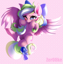 Size: 700x707 | Tagged: safe, artist:zerouke, oc, oc only, oc:bay breeze, pegasus, pony, blushing, bow, cute, female, flying, hair bow, looking at you, mare, ocbetes, one eye closed, simple background, spread wings, tail bow, underhoof, wings, wink, winking at you