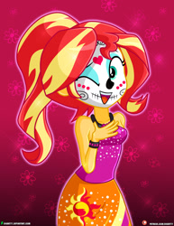 Size: 1500x1942 | Tagged: safe, artist:dieart77, sunset shimmer, equestria girls, g4, breasts, clothes, cutie mark, dia de los muertos, face paint, female, holiday, one eye closed, open mouth, skirt, sleeveless, small breasts, solo, wink