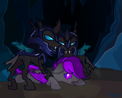 Size: 750x600 | Tagged: safe, oc, oc only, oc:moonlight thunder, bat pony, changeling, pony, captured, changeling guard, changeling hive, detailed background, ears back, looking back, lying down, scared