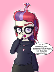 Size: 3000x4000 | Tagged: safe, artist:thealjavis, moondancer, comic:no nut moondancer, equestria girls, g4, breasts, clothes, dialogue, equestria girls-ified, female, glasses, no nut november, simple background, solo, sweater