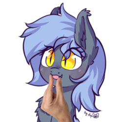 Size: 500x500 | Tagged: safe, artist:dsp2003, edit, editor:hotkinkajou, oc, oc only, oc:panne, bat pony, human, pony, :p, animated, bat pony oc, bat wings, bust, chest fluff, cute, cute little fangs, disembodied hand, ear fluff, fangs, female, hand, mare, mlem, raspberry, silly, simple background, solo focus, tongue holding, tongue out, weapons-grade cute, white background, wings