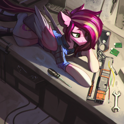 Size: 3000x3000 | Tagged: safe, artist:nsilverdraws, oc, oc only, oc:stardust trails, pegasus, pony, aer-14, aer-14 prototype, clothes, fallout, female, gun, high res, laser rifle, lying down, mare, screwdriver, weapon, wrench