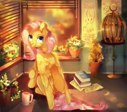 Size: 2000x1750 | Tagged: safe, artist:cloodels, fluttershy, pegasus, pony, g4, birdcage, blinds, book, bright, crepuscular rays, cup, cute, day, ear fluff, female, flower, folded wings, indoors, looking at you, looking back, looking back at you, looking up, mare, mug, potted plant, shyabetes, sitting, smiling, solo, sunshine, window, wings