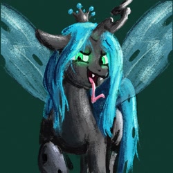 Size: 2048x2048 | Tagged: safe, artist:phutashi, queen chrysalis, changeling, changeling queen, g4, crown, female, floppy ears, high res, jewelry, looking at you, open mouth, raised hoof, regalia, simple background, smiling, solo, spread wings, tongue out, turned head, wings